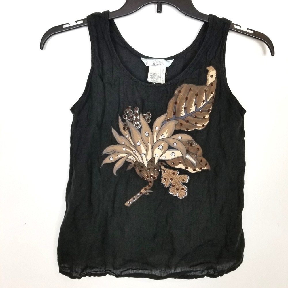 Donna Mizar Women Linen Blend Top Blouse Sz S Black Embellished Tank Summer